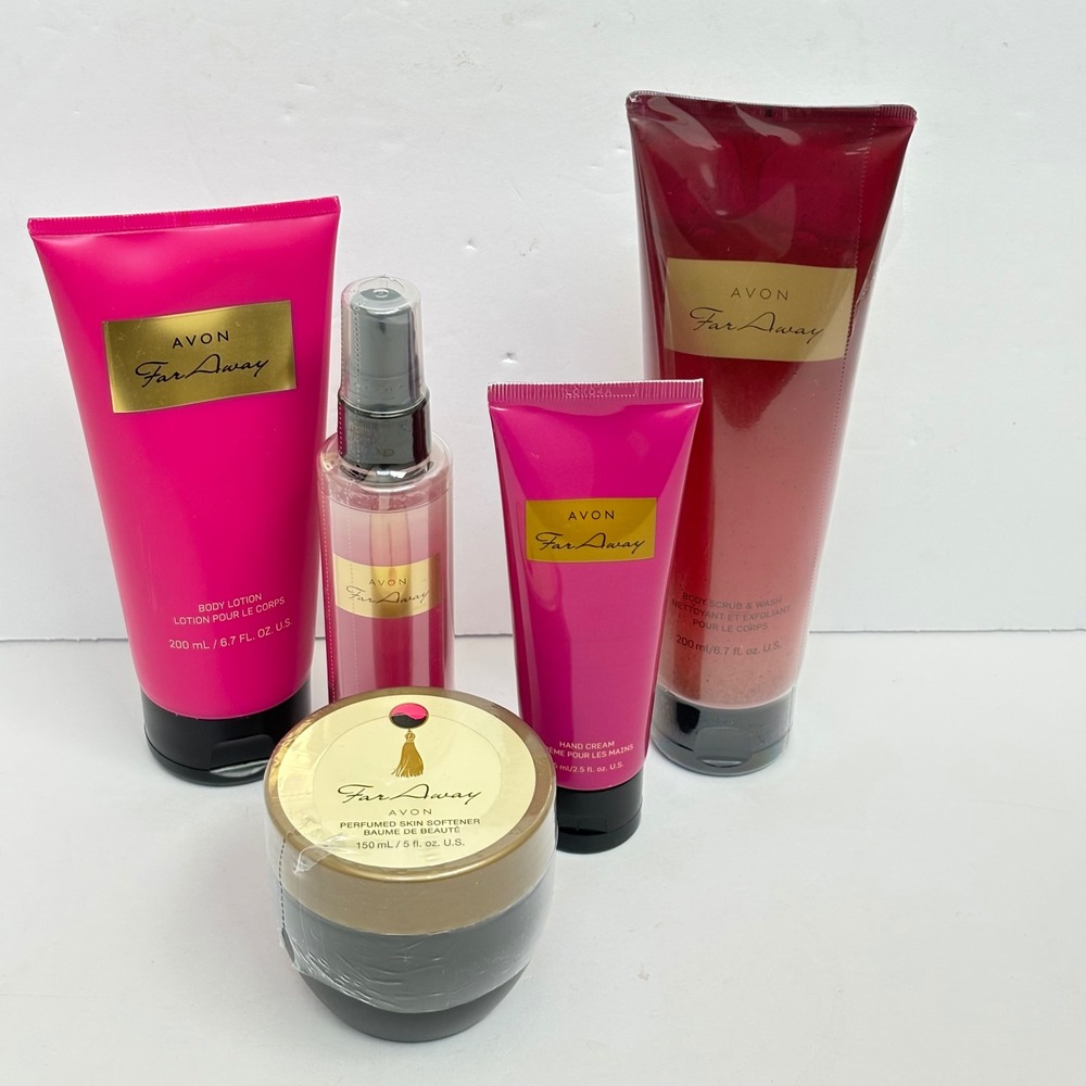 Avon Far Away Bath Body Set 5pc Lotion Scrub Softener Mist Hand Cream Lot New